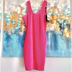Bubblegum pink mini dress NWT black gold metallic thread stretch bodycon scoop